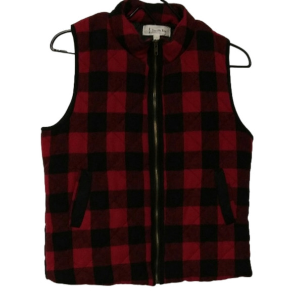 𝅺VANILLA Bay Red Black Buffalo Check Sleeveless Zipper Front Outdoor Vest - Picture 1 of 6